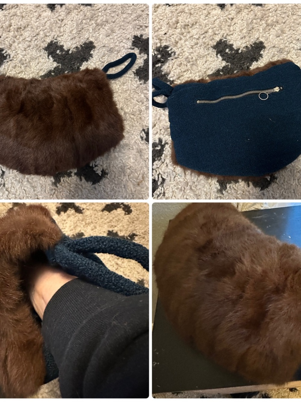 Brown Faux Fur Muff Wristlet Clutch with Strap
